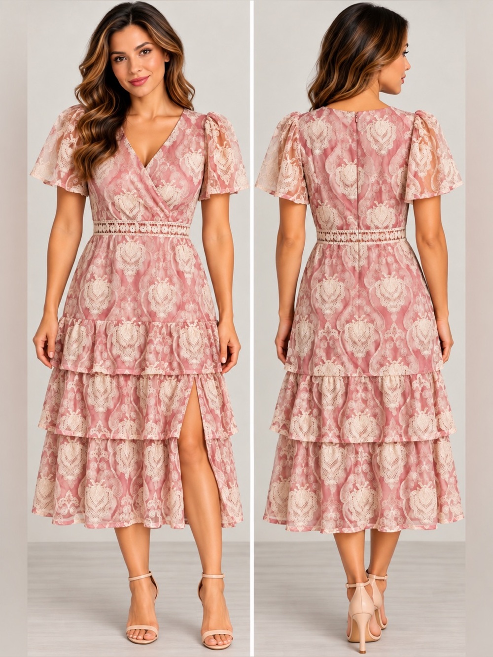 Just Me Embroidered Midi Dress in Pink & Cream NWT